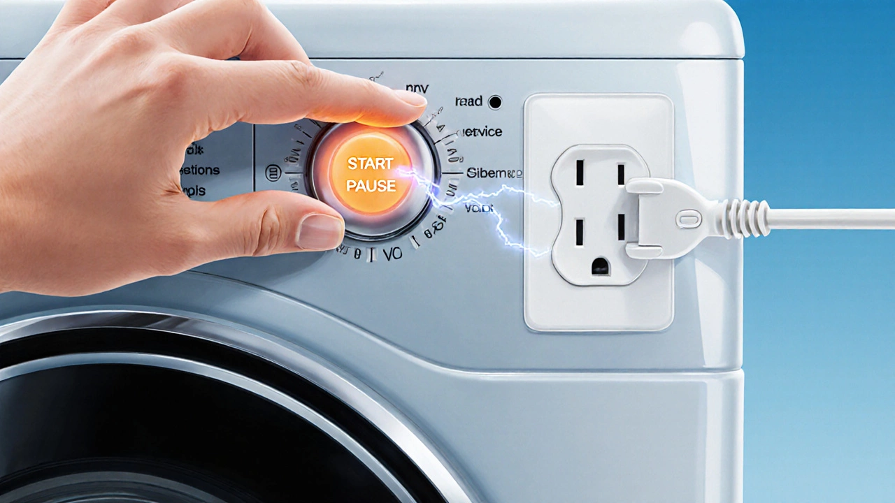 Close‑up of hand pressing Start/Pause button while plugging in the washer during a hard reset.