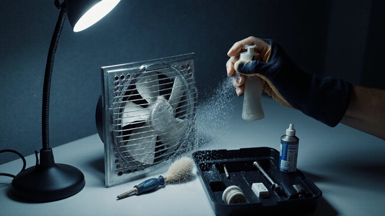Close‑up of hands cleaning and lubricating a bathroom extractor fan.