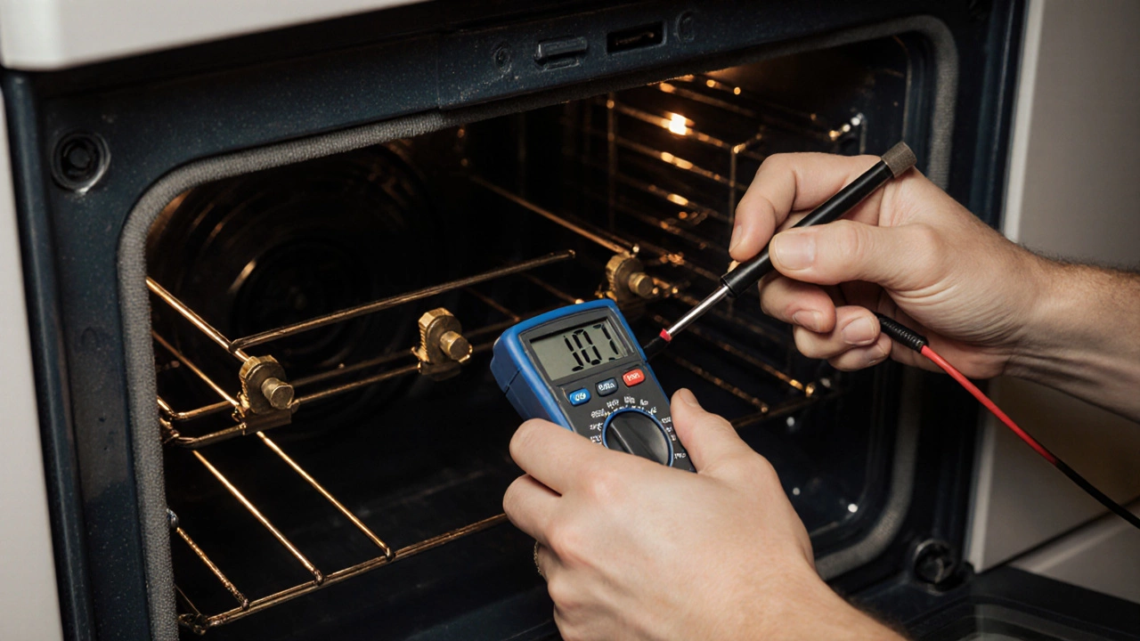 Close-up of hands using a multimeter on an oven element terminals.