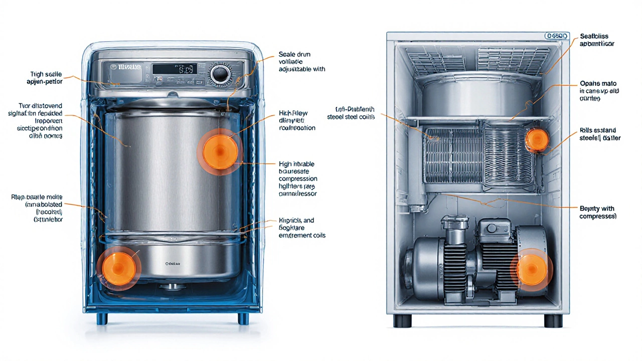 Cross‑section view of a washing machine and refrigerator highlighting advanced components.