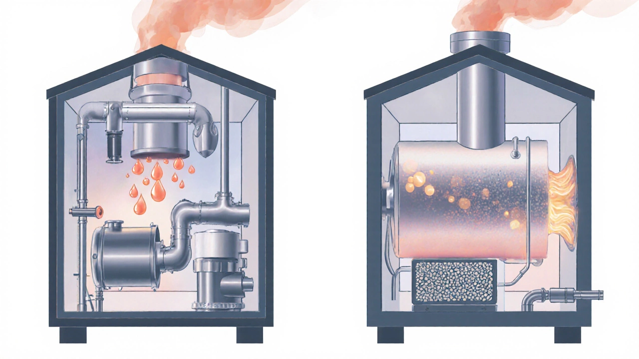 Cutaway view comparing condensing and non‑condensing boilers with water flow and scaling.