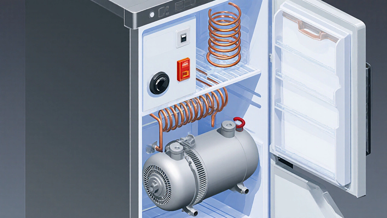 Cutaway view of a refrigerator showing compressor, coils, thermostat, and door seal.