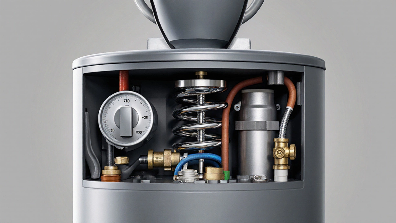 Cutaway view of a water heater showing thermostat, element, gas valve, and other parts.