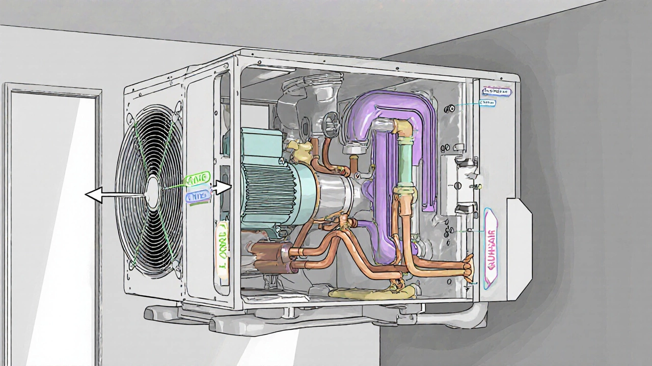 Cutaway view showing compressor, fan motor, indoor coil, and refrigerant lines inside a heat pump.