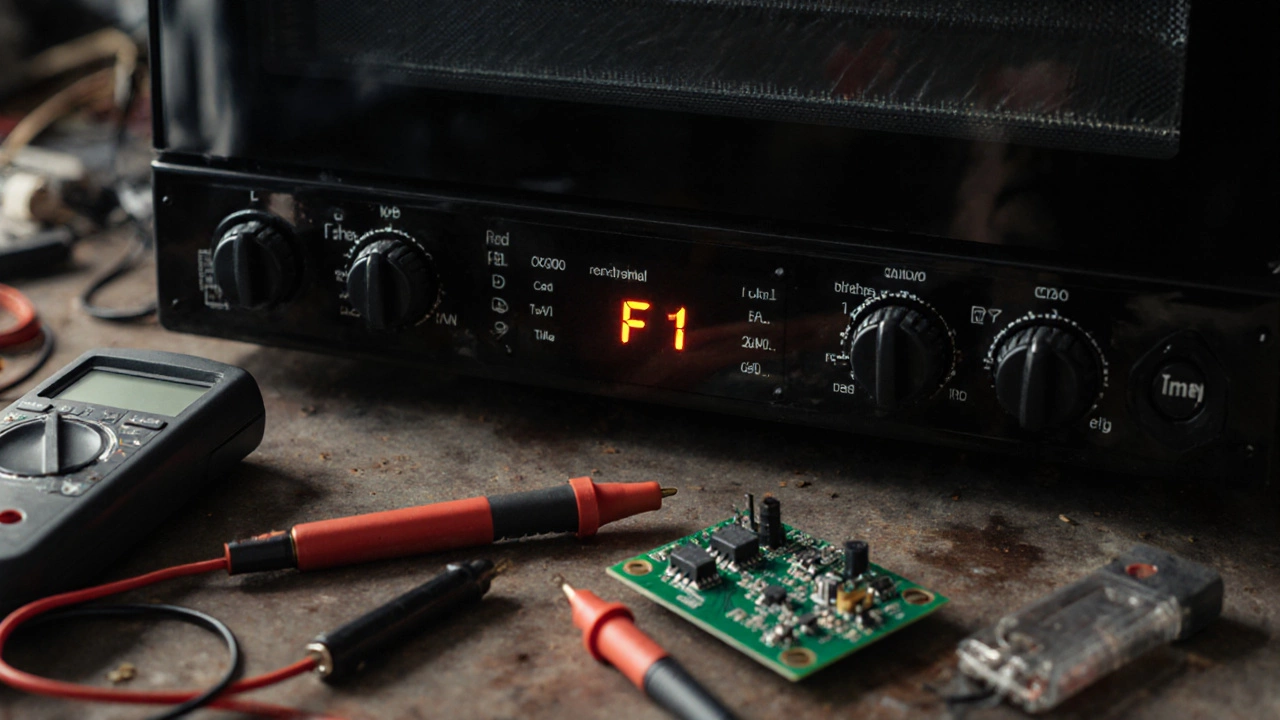 Electric oven display showing error code F1 with diagnostic tools on workbench.