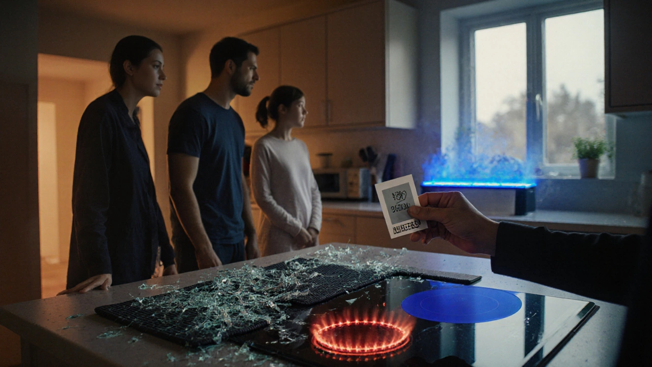 Family standing safely away from a shattered hob, with a new induction hob visible in the background.