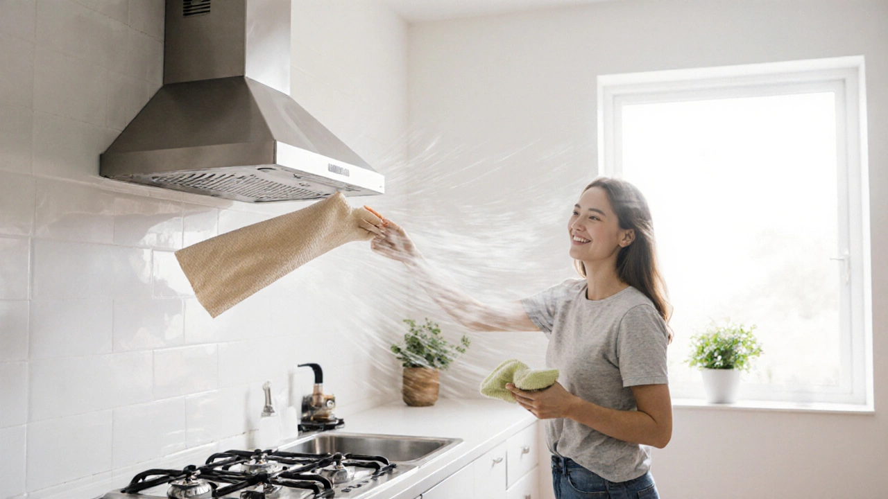 Fan pulling a paper towel toward it, homeowner smiling in a bright kitchen.