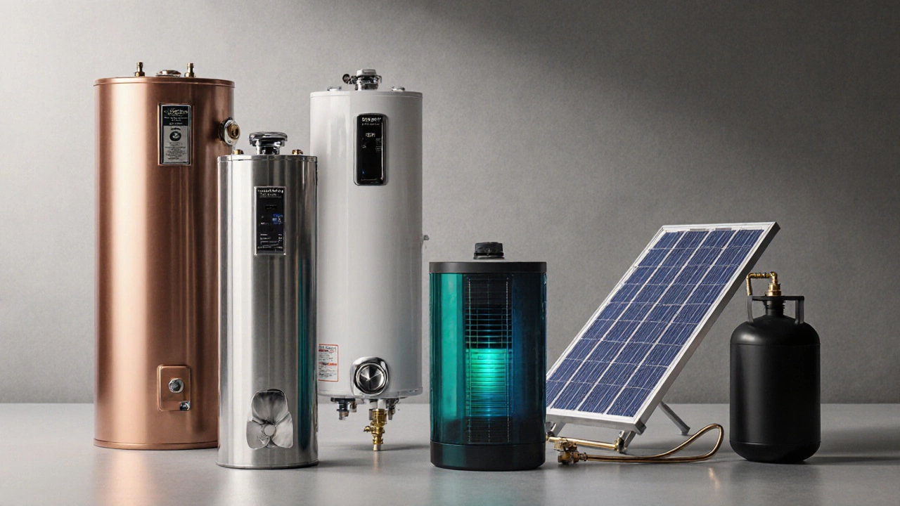 Four water heater types—tank, tankless, heat‑pump, solar—displayed together.
