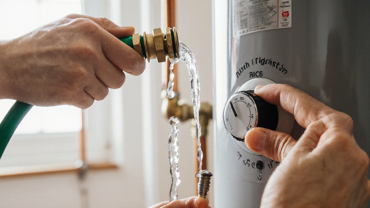 Hands flushing a heater, checking anode rod, and adjusting thermostat.