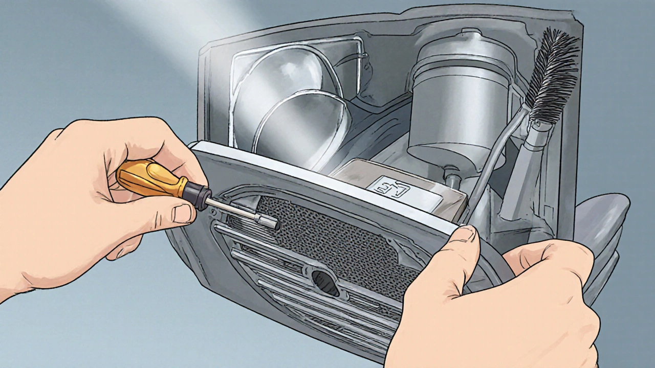 Hands using a screwdriver to remove fan grille, showing motor and duct with cleaning brush.