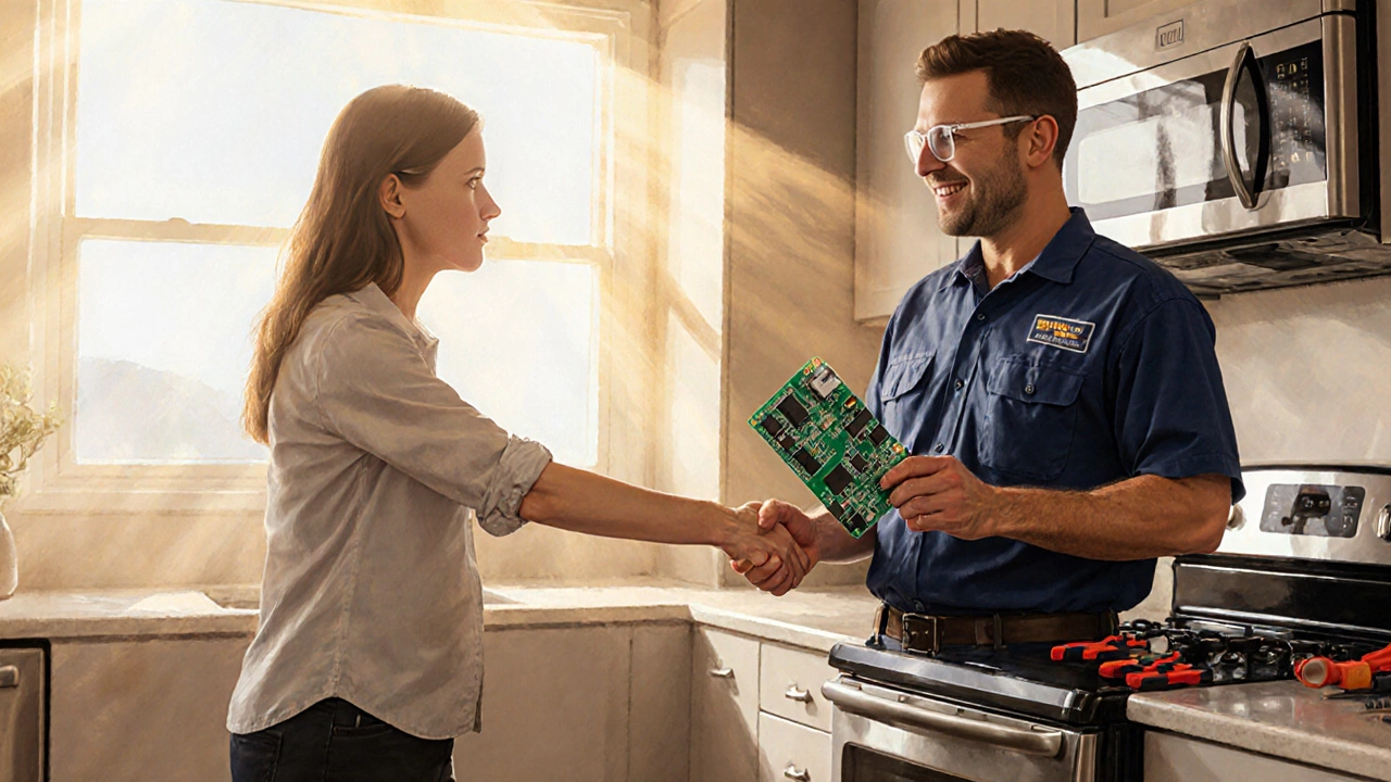 Homeowner and technician exchanging a new oven control board in a bright kitchen.