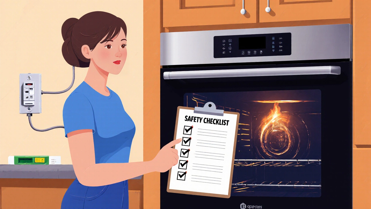 Homeowner checking a checklist beside a lit oven with the breaker turned on.