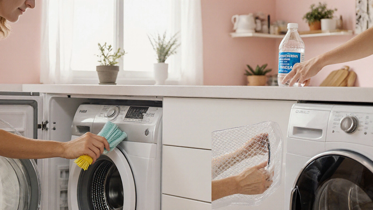 Homeowner cleaning and maintaining appliances to extend their lifespan.