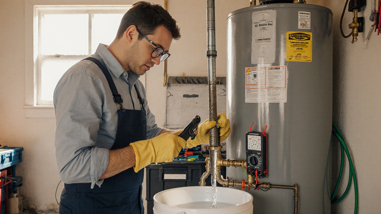 Homeowner in garage using a wrench to replace an anode rod on a water heater.
