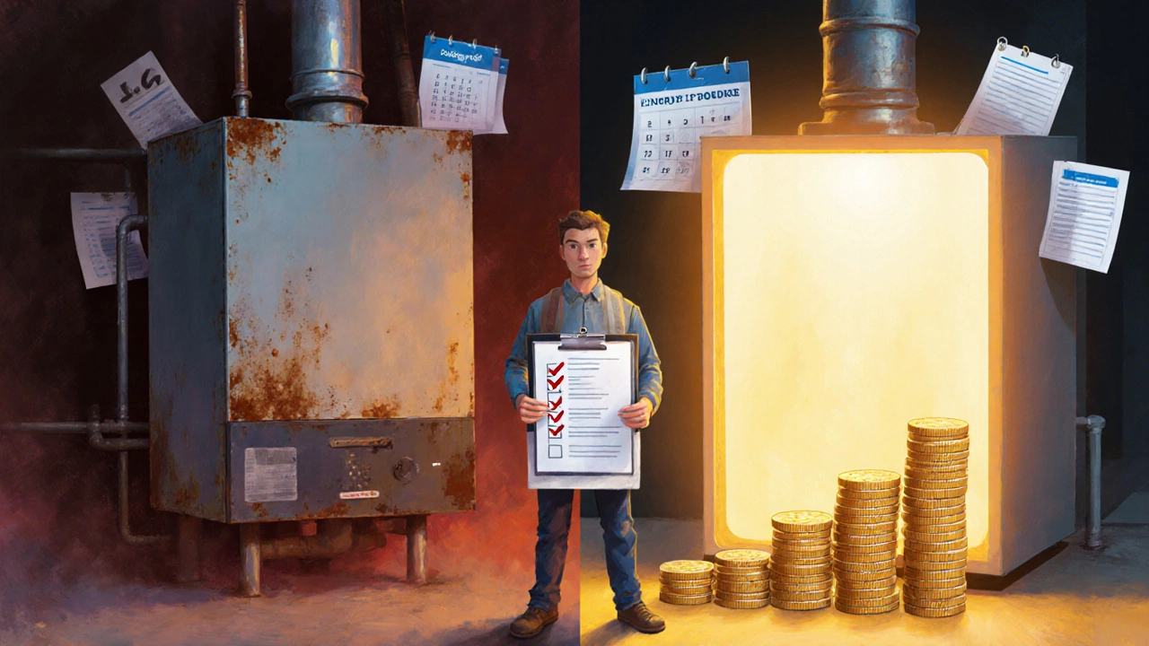 Homeowner reviewing a checklist as a rusted boiler transforms into a sleek, glowing new unit, symbolizing savings.