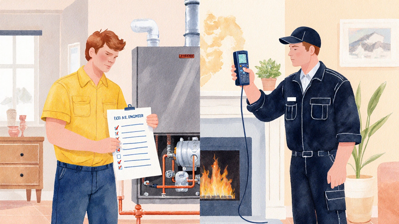 Homeowner with checklist; plumber fixing a leak and heating engineer inspecting a gas burner.