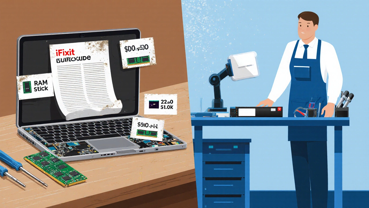 Illustration comparing DIY laptop repair with tools and price tags to a professional shop with a technician.