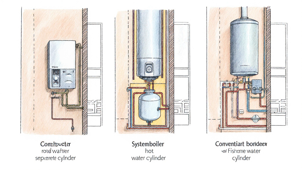 Illustration showing combi, system, and conventional boilers with their respective components.