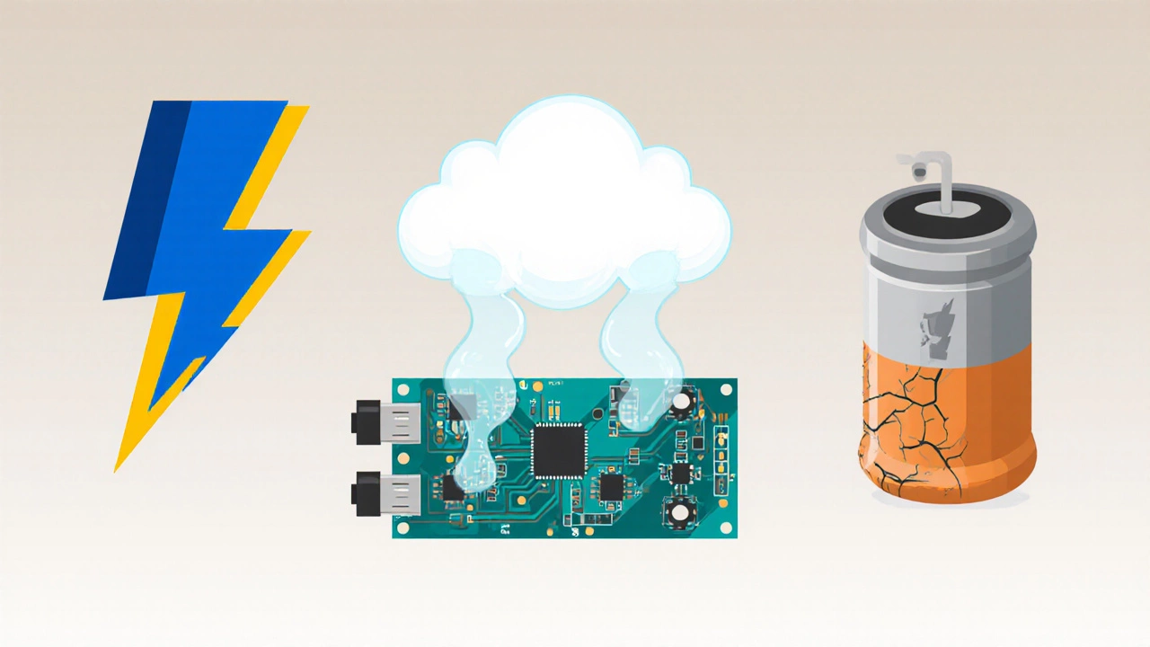 Illustration showing power surge, moisture, and component wear affecting a control board.