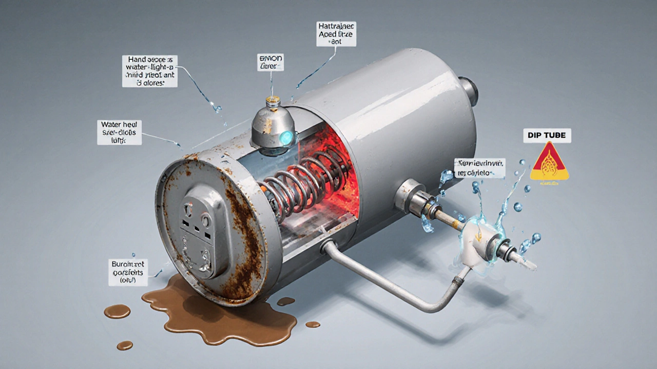 Isometric view of a water heater with rust leak, burnt element, faulty thermostat, corroded anode rod, and broken dip tube.