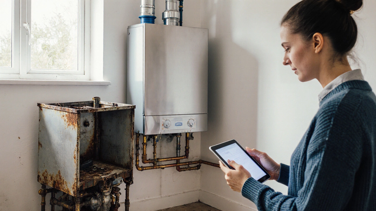 New sleek boiler beside an old rusty one, homeowner contemplating the upgrade.