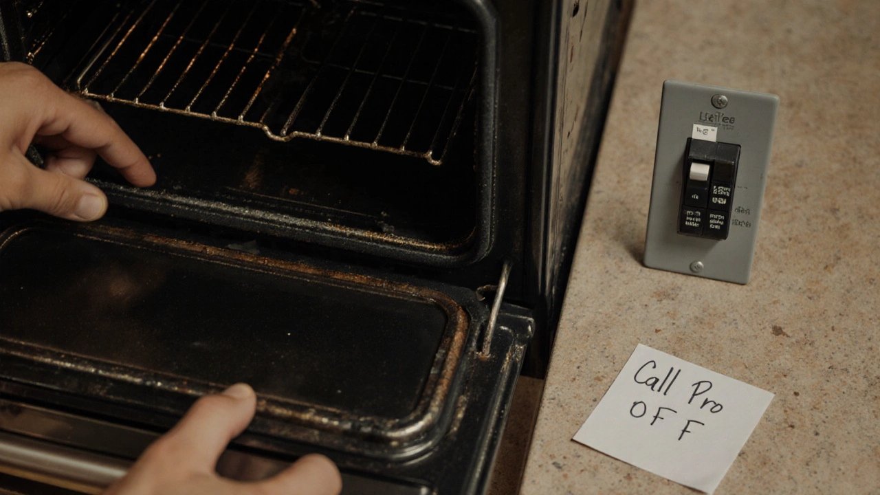 Open oven revealing burnt elements next to tripped circuit breaker and note.