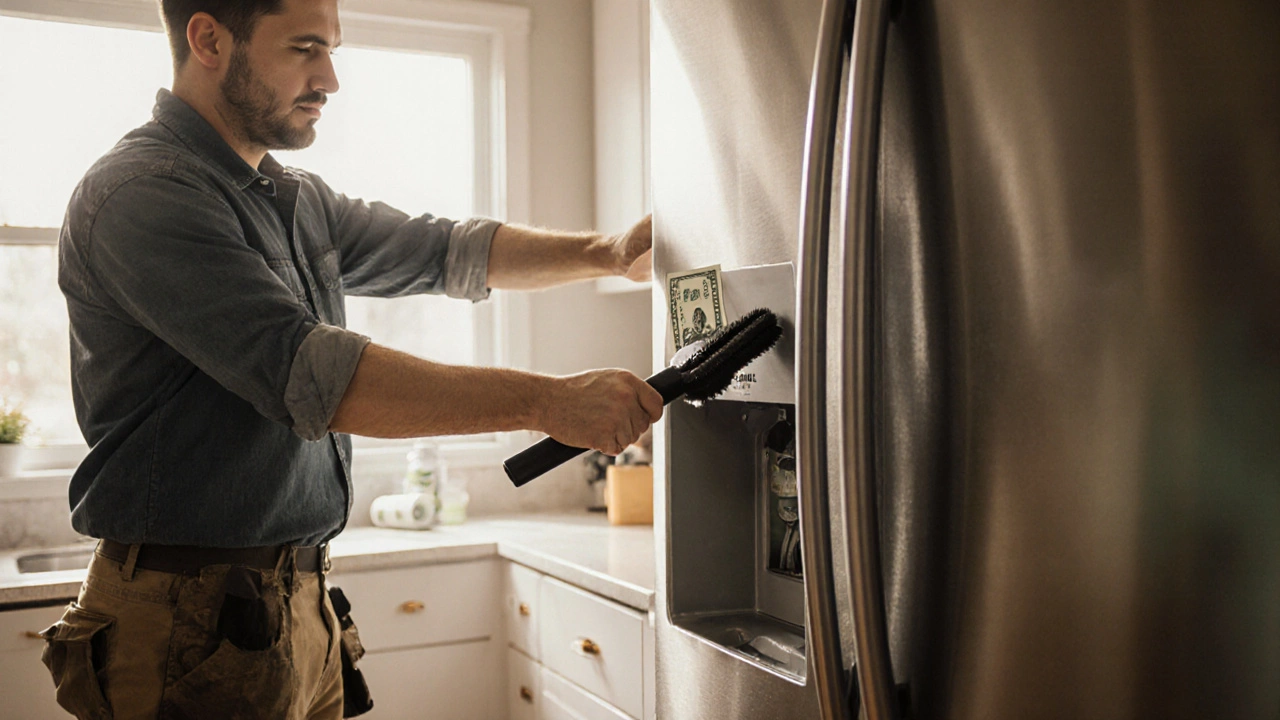 Person cleaning a fridge&#039;s condenser coils and checking the door seal.