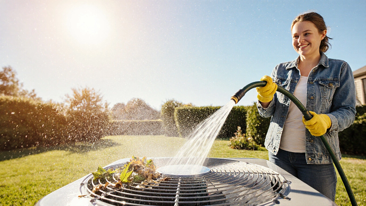Person cleaning an outdoor heat pump coil with a hose on a sunny day.