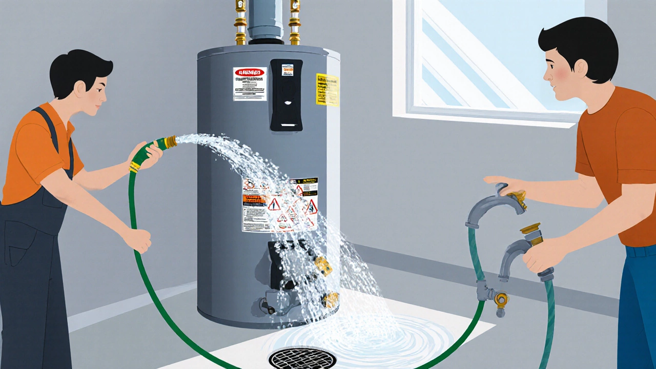 Person flushing sediment from a water heater tank using a garden hose.