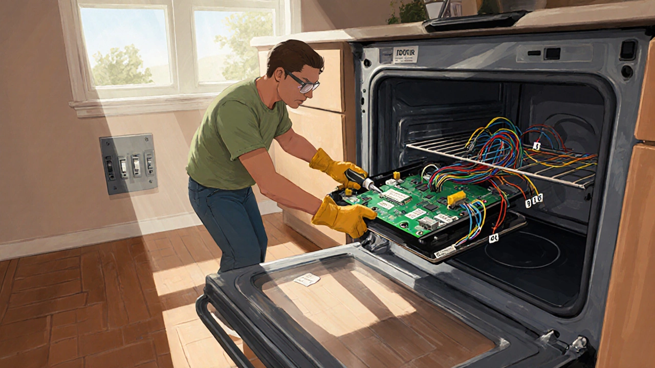Person in safety gear replaces an oven control board with the breaker turned off.