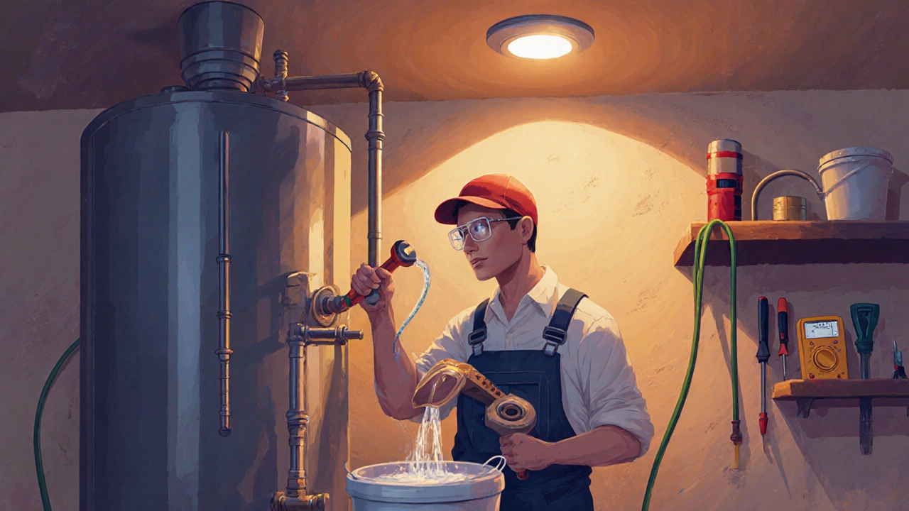 Plumber fixing a water heater, draining the tank and adjusting the anode rod.