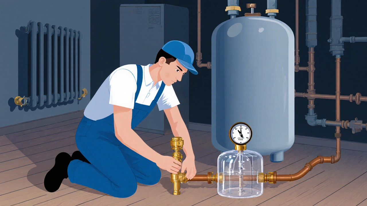 Plumber replacing a pressure‑relief valve and tightening copper pipe near a hot‑water cylinder.