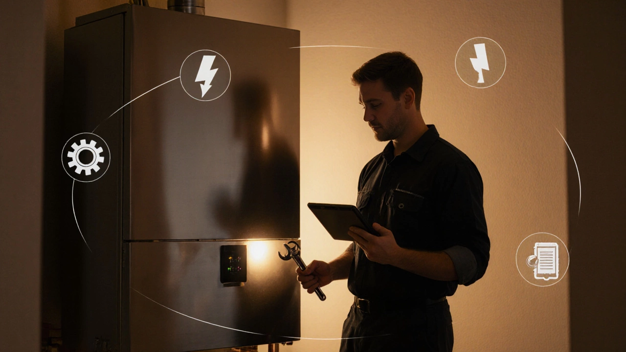 Professional installer beside a new boiler with symbols of hidden costs and savings.