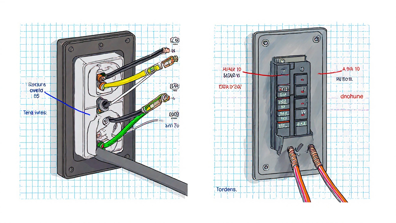 Side‑by‑side diagram of a plug‑in oven with outlet wiring and a hardwired oven connected to a breaker.