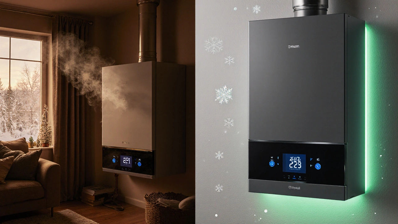 Side‑by‑side view of an aging boiler and a modern high‑efficiency boiler in a winter home setting.
