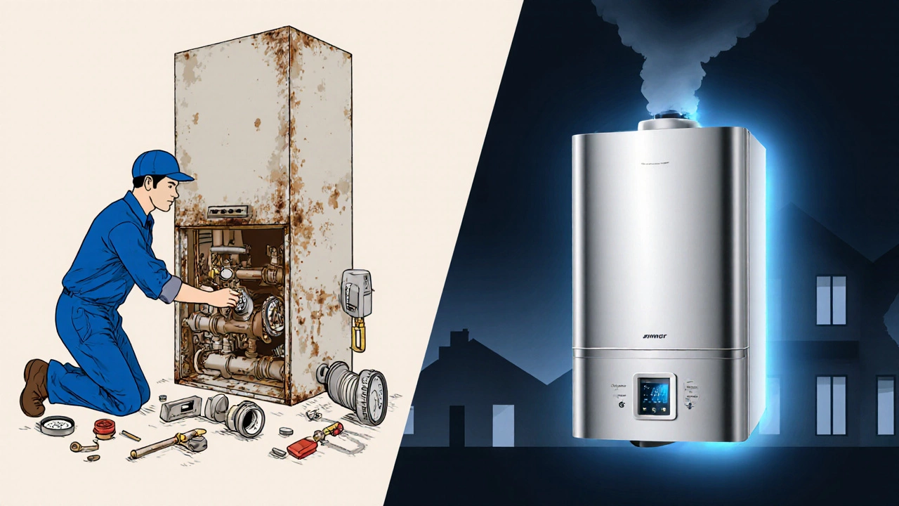 Side‑by‑side view of an older boiler being repaired and a new high‑efficiency condensing boiler installed.