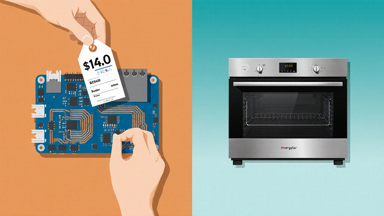 Split illustration comparing a control board with a price tag to a new stainless oven.