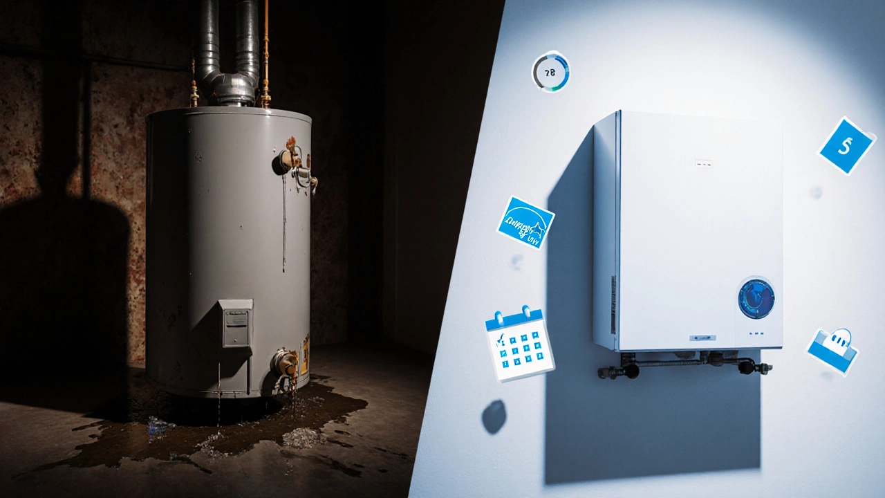 Split view of a leaking old water heater and a modern tankless unit with floating checklist icons.