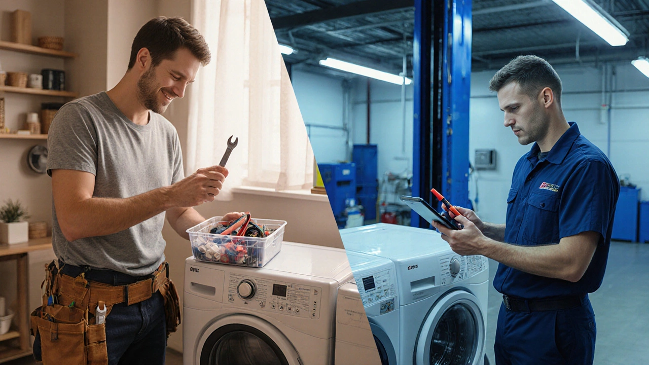 Split view showing DIY repair on the left and professional technician service on the right.