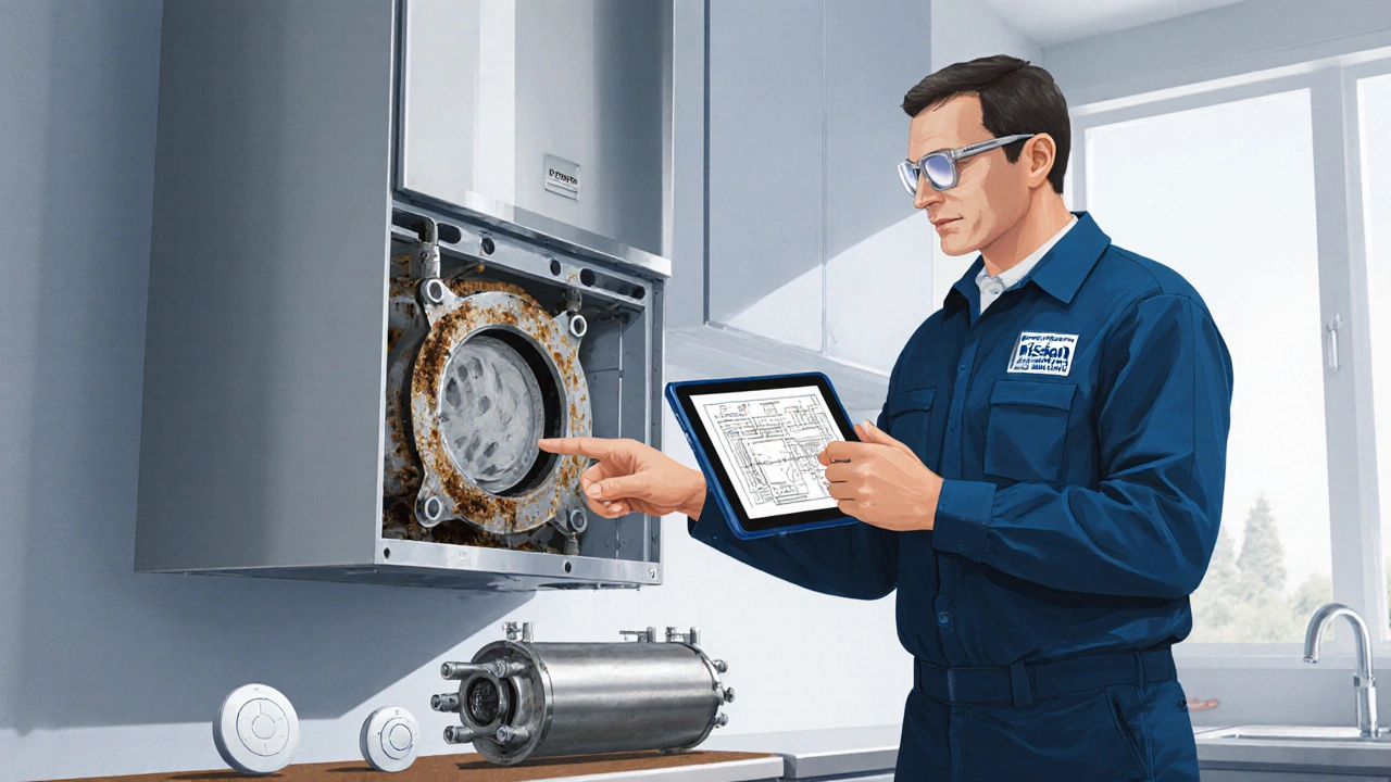 Technician in uniform checks old boiler, holding tablet, with new heat‑exchanger and thermostat on a bench.