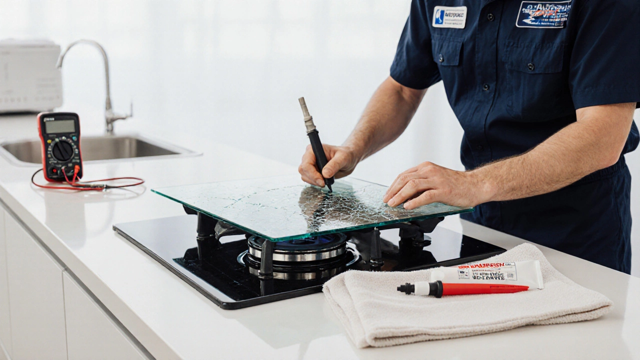 Technician replacing a broken glass hob top with manufacturer-approved part in a clean kitchen.