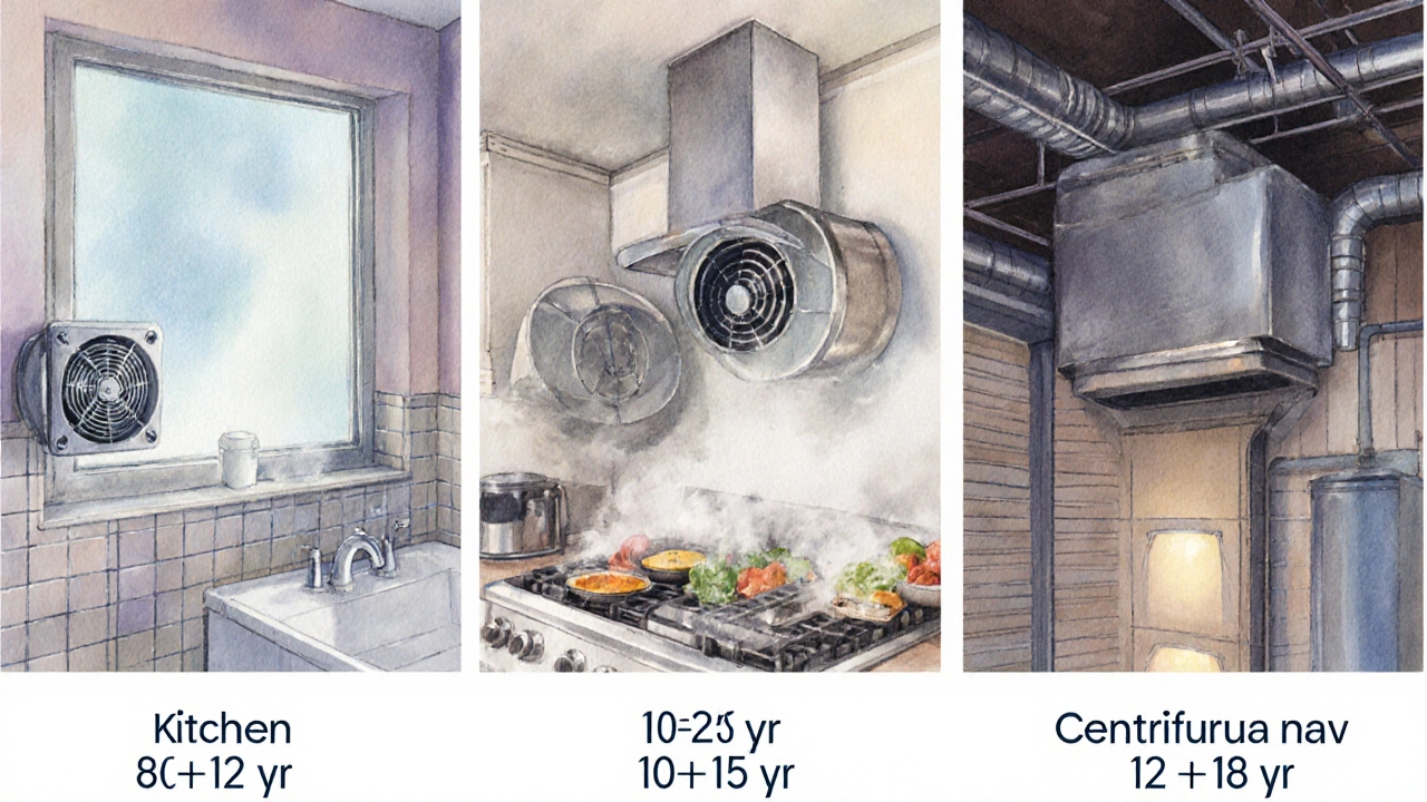 Three panels showing bathroom wall fan, kitchen ceiling fan, and garage centrifugal fan in use.