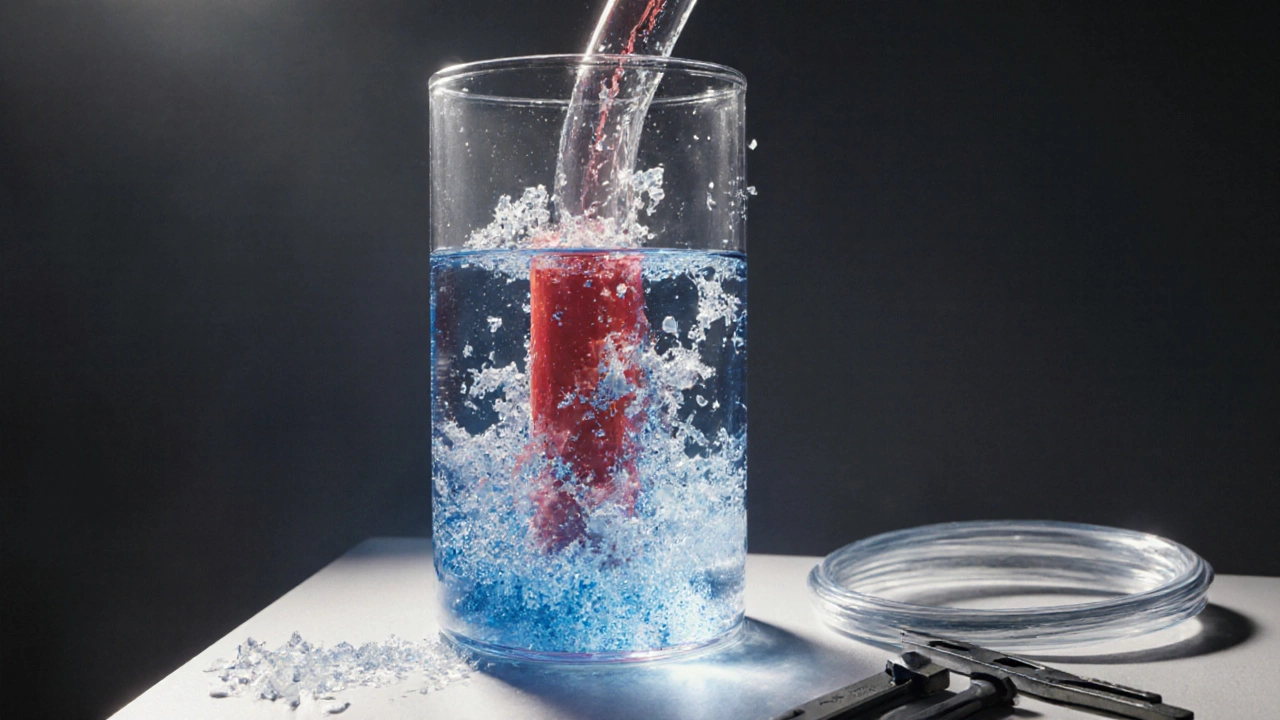 Transparent water heater showing broken dip tube causing cold and hot water to mix.