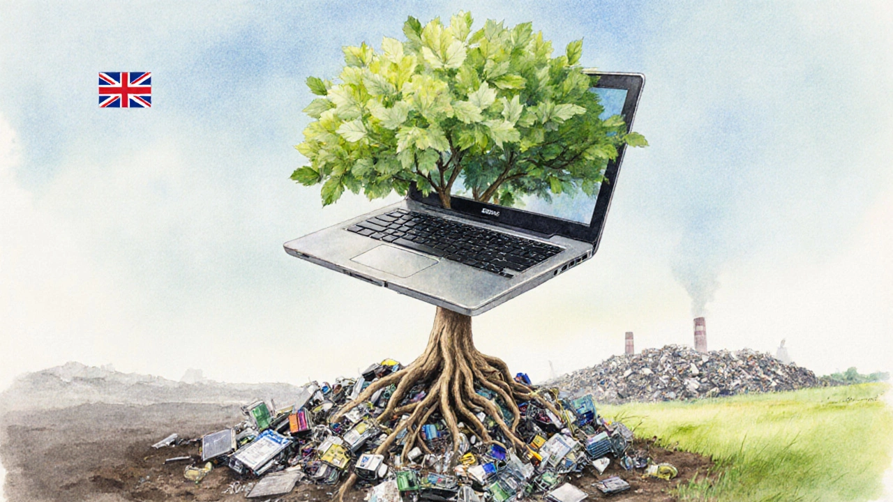 Watercolor scene of an old laptop transforming into a green tree growing from electronic waste.