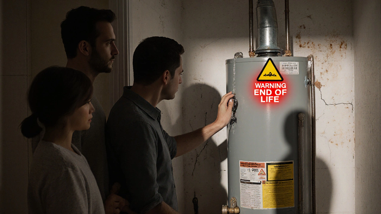 A family facing cold water from a shower while an old water heater looms behind.
