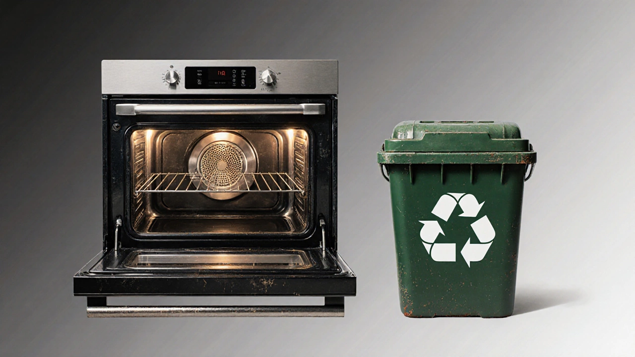A modern energy-efficient oven beside an old one being recycled, representing appliance evolution.
