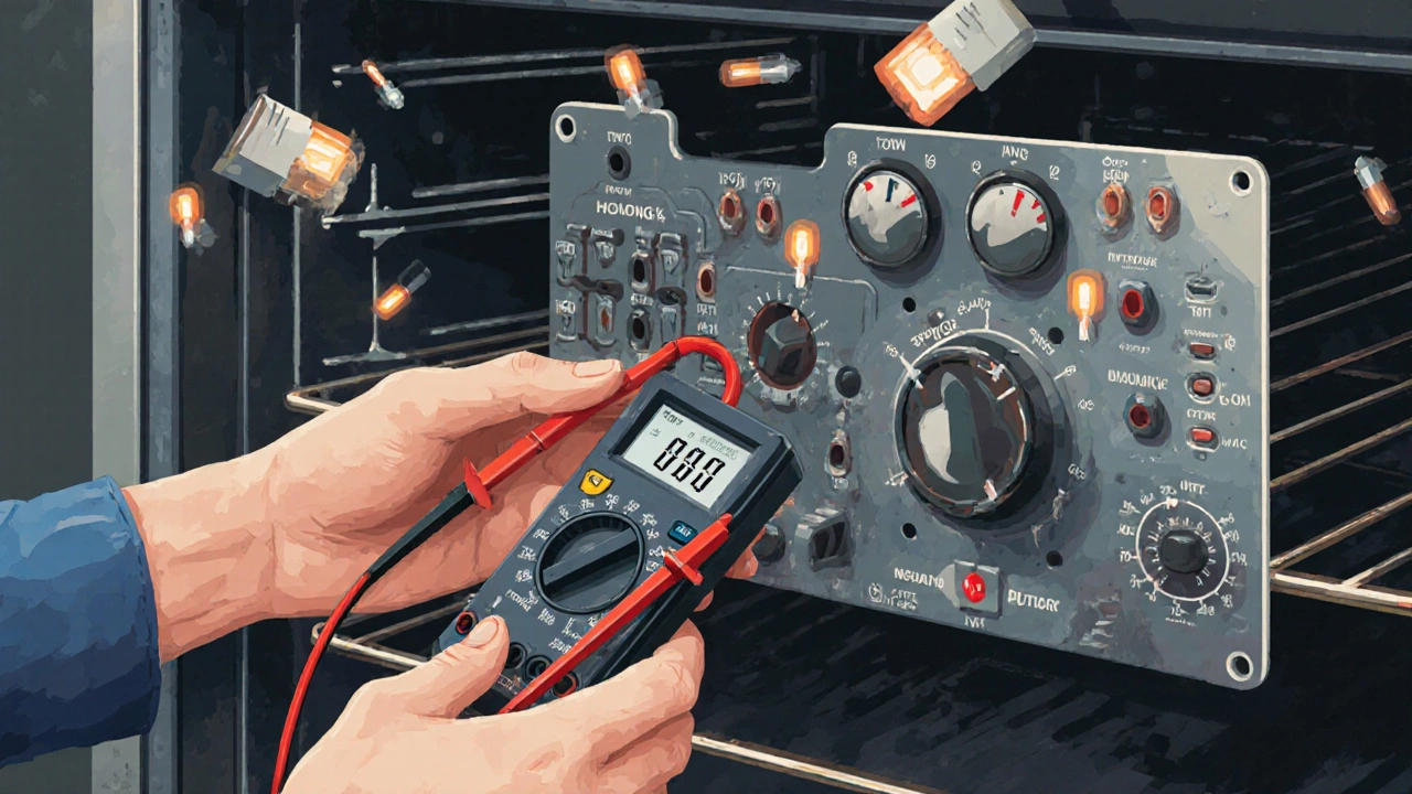 A technician examining a faulty oven control board with visual indicators of electrical failure.
