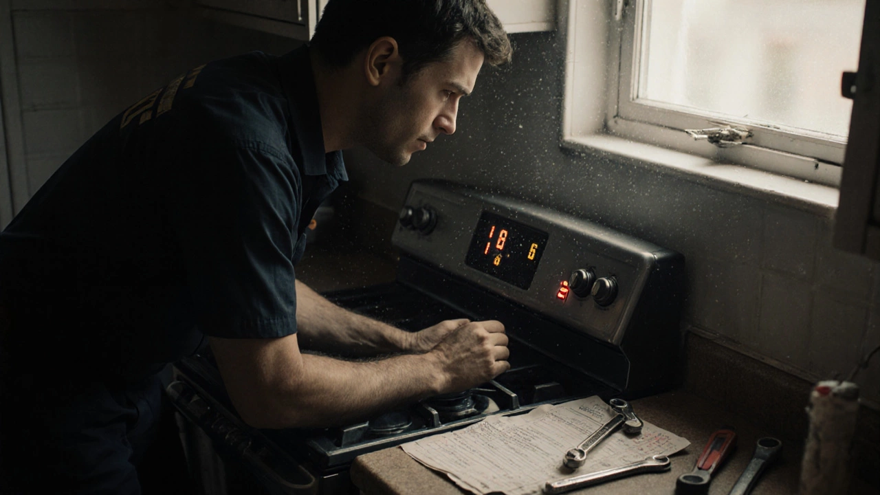 A technician inspecting a gas cooker with a flickering digital control panel in a kitchen.