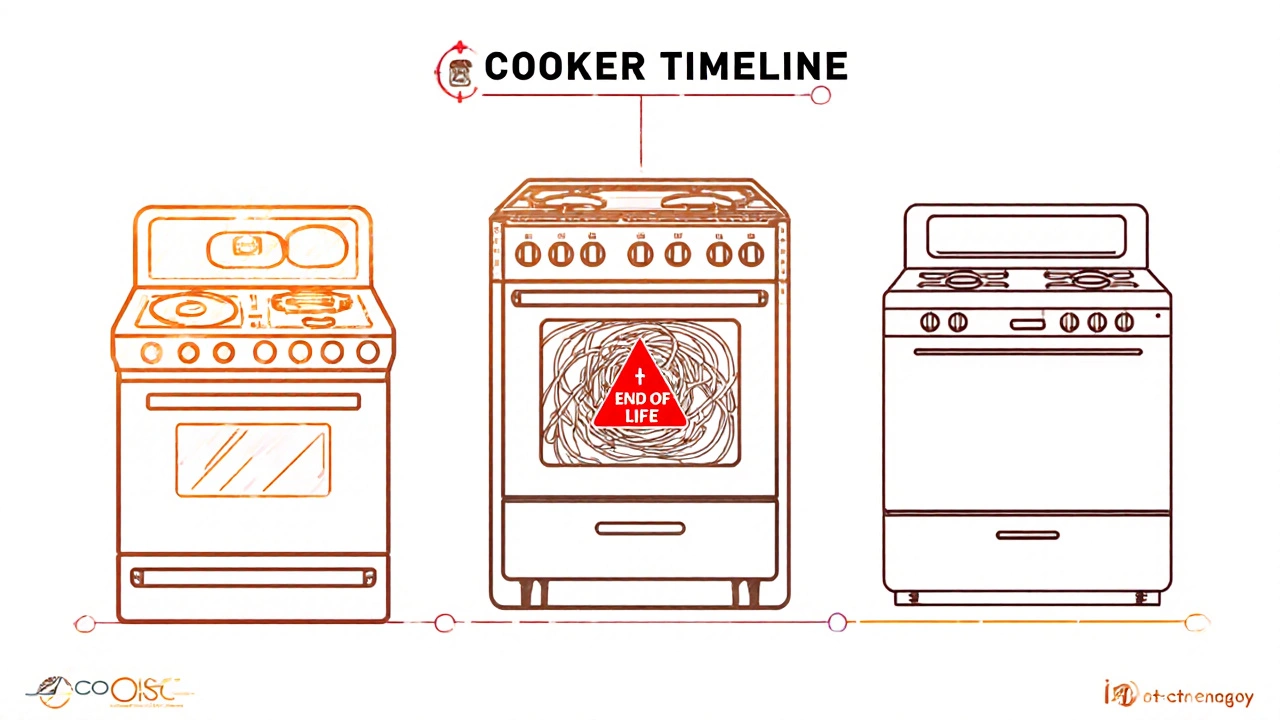 A visual timeline showing old, modern, and new cookers side by side with contrasting designs.