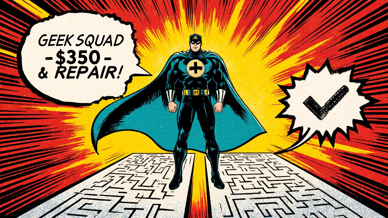 Comic-style hero choosing between expensive repair and affordable DIY solution.